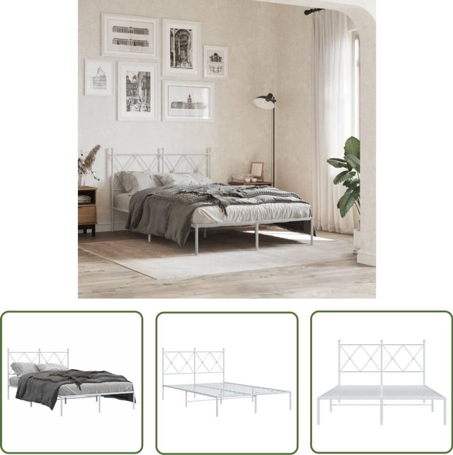 VidaXL Bedframe met hoofdbord metaal wit 120x200 cm Witte Bedframe Metalen Bedframe 120x200 Staal Bedframe Modern Bedframe