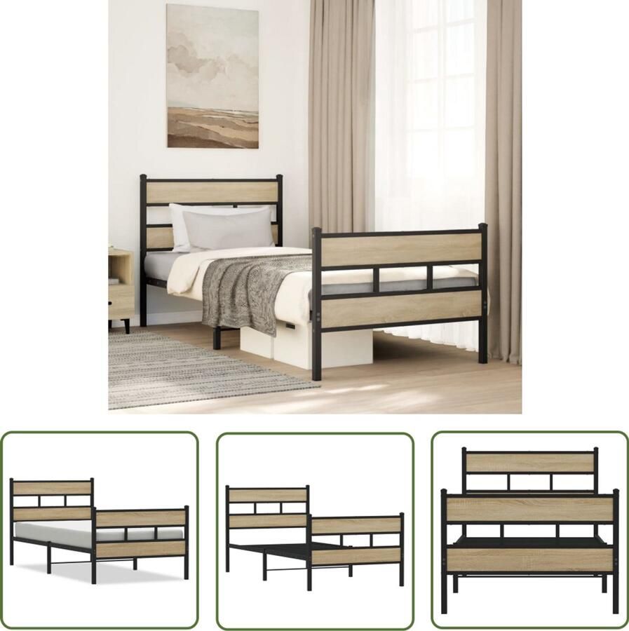 VidaXL Metalen Bedframe zonder matras metaal sonoma eikenkleurig 100x200 cm Houten Bedframe Sonom Eiken Slaapkamers