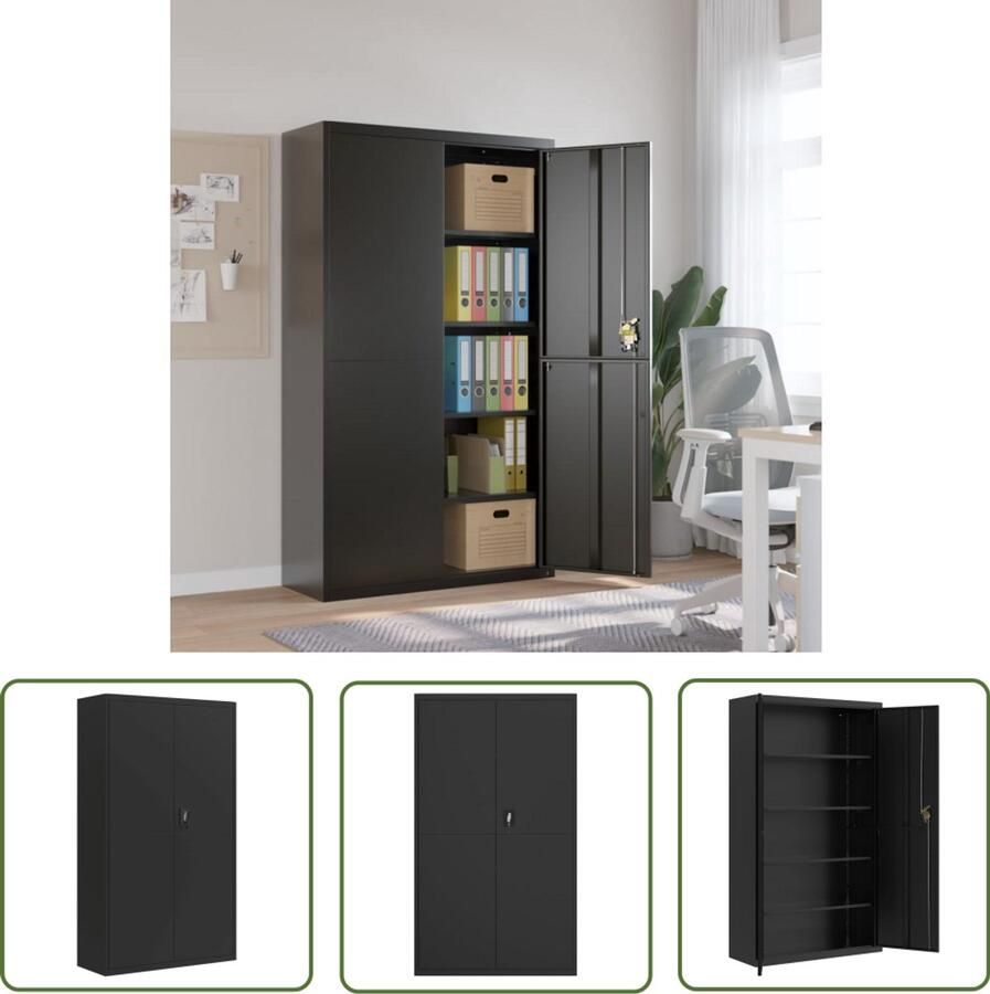 The Living Store Archiefkast 105x40x180 cm staal zwart Archief Kast Metalen Kast Bureau Accessoires Kantooropbergers Zwarte Kast