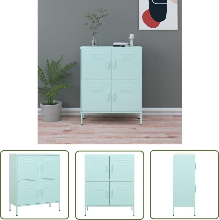 The Living Store Opbergkast Staal 80 x 35 x 101.5 cm Mint kleurig Met 4 deuren Opslagkast Metalen Kast Staalkast Mintgroene Kast Videokast - Foto 2