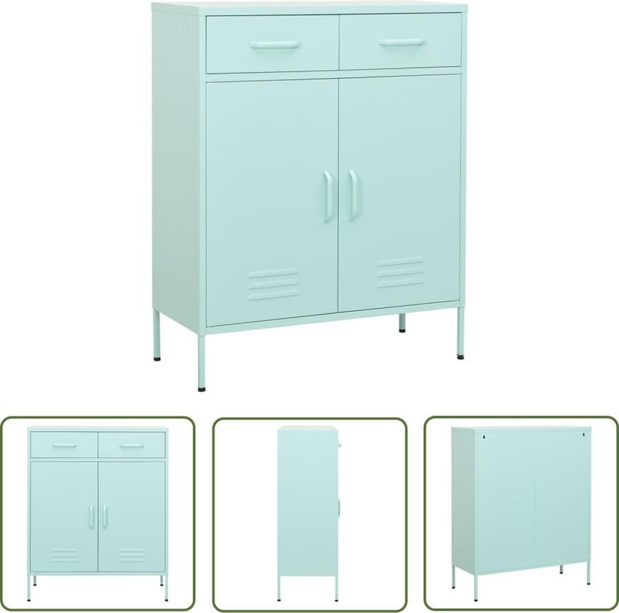 The Living Store Stalen Opbergkast 80x35x101.5 cm Mint Met 2 Deurtjes en 2 Lades Draagvermogen 100 kg Opslagkast Metalen Kast Staalkast Mintgroene Kast Opberger - Foto 2