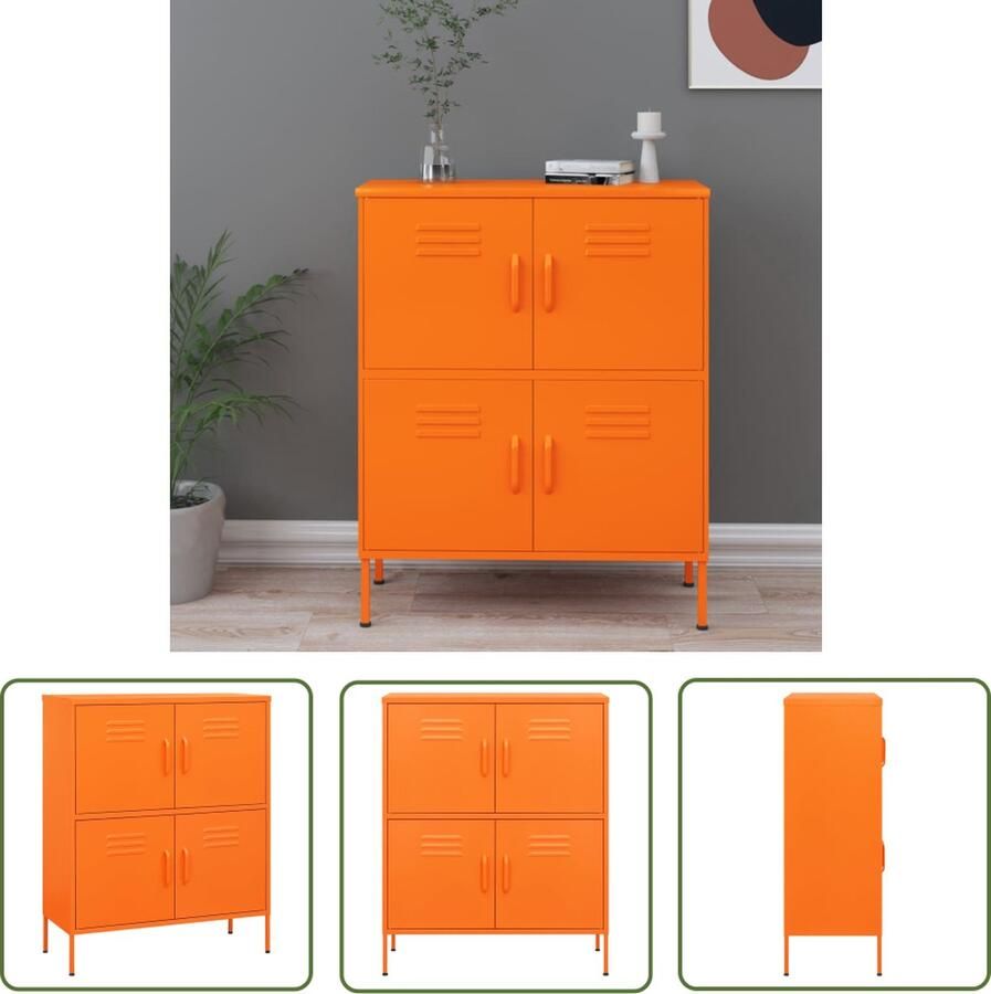 The Living Store Opbergkast Staal 80 x 35 x 101.5 cm 4 Deuren 2 Verstelbare Schappen Oranje Opslagkast Metalen Kast Oranjekleur Industrieel Design Opbergruimte - Foto 2
