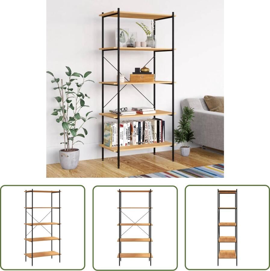 The Living Store Opbergrek 5-laags 80x40x163 cm zwart en eikenkleurig Opslagrek Metalen Opbergkast Zwarte Opbergkast Eiken Opbergkast Boekenplank - Foto 2