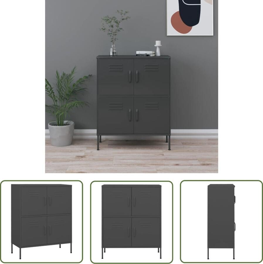 The Living Store Stalen opbergkast 80 x 35 x 101.5 cm Antraciet 4 deuren Stallen Opbergkast Metalen Opbergkast Antraciet Opbergkast Industrieel Opbergkast 80x35x101.5 Cm - Foto 2