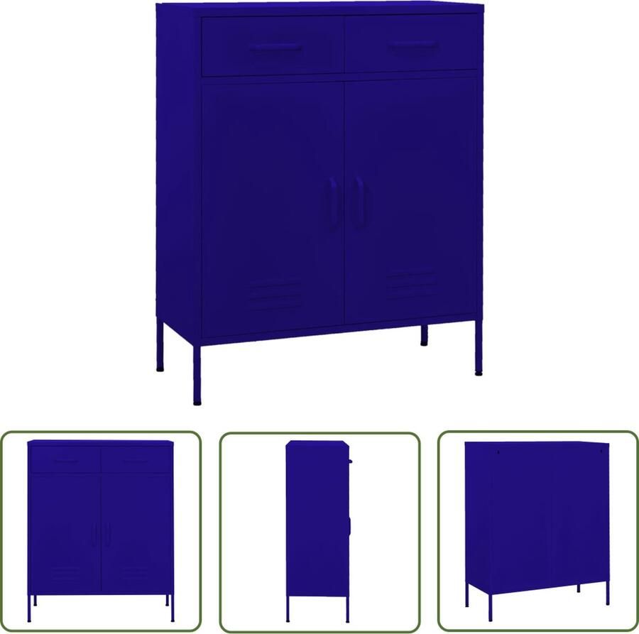 The Living Store Stalen Opbergkast 80 x 35 x 101.5 cm Marineblauw 2 deurtjes 2 lades Stallen Opbergkast Metalen Opbergkast Blauwe Opbergkast Met Laden Opbergkast Voor Slaapkamer