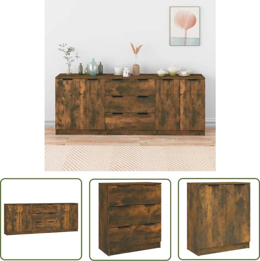 The Living Store 3-delige Dressoirs bewerkt hout gerookt eiken Dressoir Houten Dressoir Vintage Dressoir Landelijk Dressoir Modern Dressoir