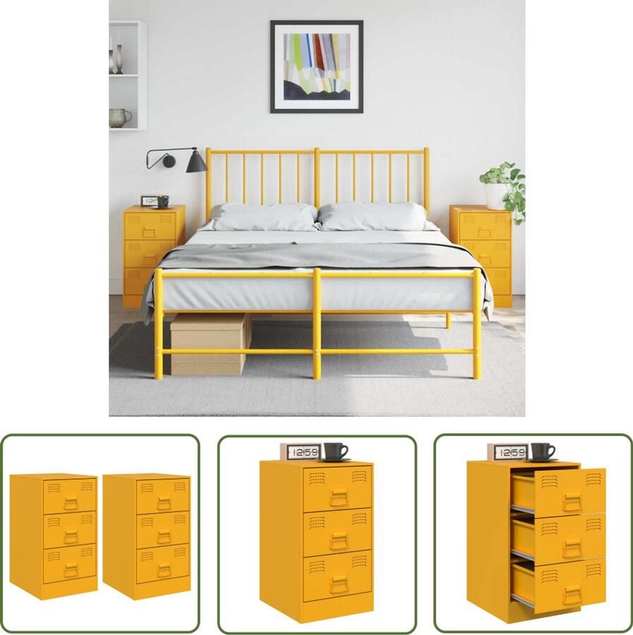 The Living Store Nachtkastjes 2 st 34 5x39x62 cm staal mosterdgeel Nachtkastjes Meubel Mustard Yellow Staal Koudgewalst Staal