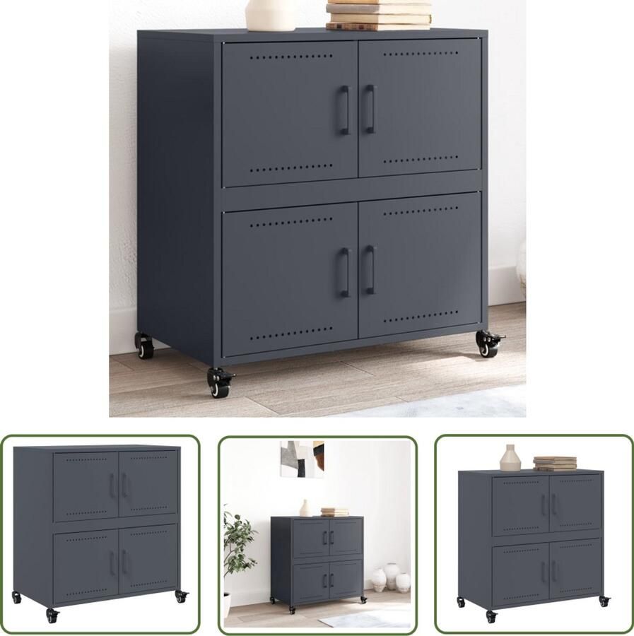 The Living Store Dressoir 68x39x72 cm staal antracietkleurig Vintage Dressoir Industriële Stijl Opbergkast Metalen Kast Staalkast