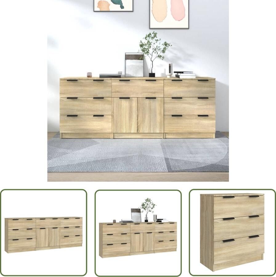 The Living Store 3-delige Dressoirs bewerkt hout sonoma eiken Dressoir Houten Dressoir Sonoma Eiken Dressoir Salontafel Tv Tafel