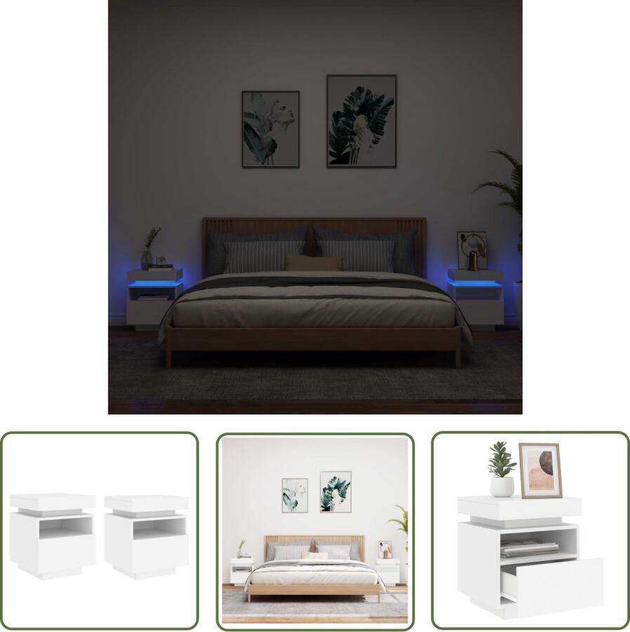 The Living Store Nachtkastjes Wit Bewerkt Hout 40x39x48.5 cm LED-verlichting Nachtkastjes Meubilair Slaapkamerdecoratie Led Verlichting Houten Kast