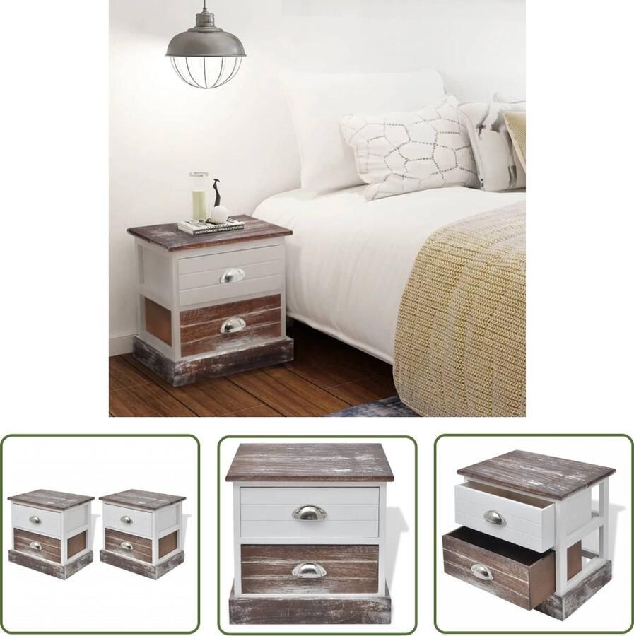 The Living Store Nachtkastjes 38 x 28 x 38 cm Vintage look 2 lades Bruin en wit Nachtkasts Meubilair Vintage Houten Meubels Bruine Meubels - Foto 2
