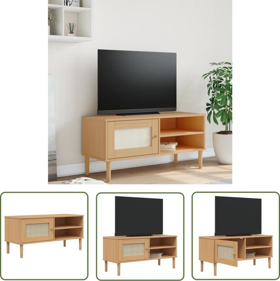 The Living Store SENJA TV-kast 106 x 40 x 49 cm Massief grenenhout UV-vernis Bruin Rattan deur Met opbergruimte Tv-kast Meubilair Salontafel Livingroom Grenoblenhout