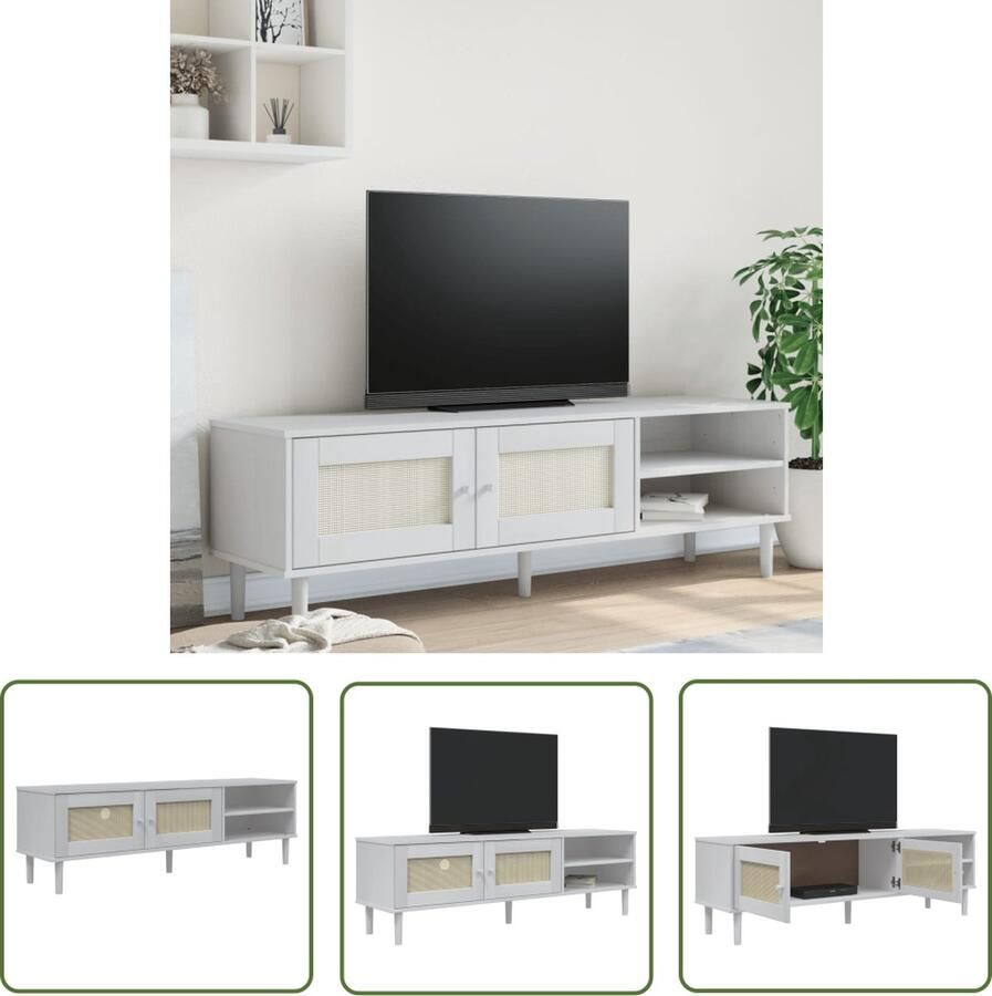 The Living Store SENJA Tv-kast 158x40x49 cm Massief grenenhout UV-vernis Met opbergruimte Rattan uitstraling Inclusief display functie Wit Tv-kast Meubilair Salontafel Livingroom Grenoblenhout
