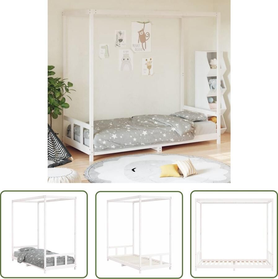 The Living Store Kinderbedframe Hemelbed Massief Grenenhout Wit 205.5 x 95.5 x 190 cm Geschikt voor kinderen vanaf 4 jaar Montage vereist Kinderbed Meubilair Voor Kinderen Kidsbed Hout Bed Grenenhout Bed