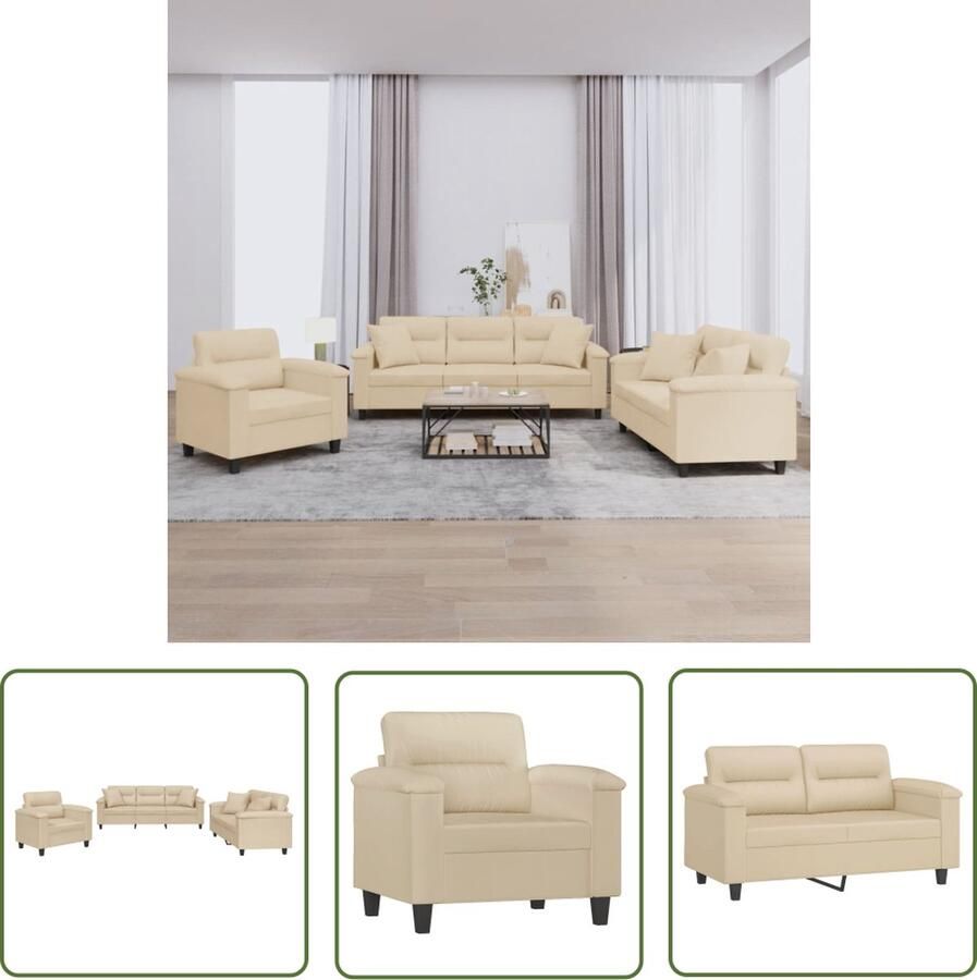 The Living Store 3-delige Loungeset met kussens microvezelstof crèmekleurig Loungeset Microfiber Sofa Lounge Set Crème Salon Meubilair Bankstellen