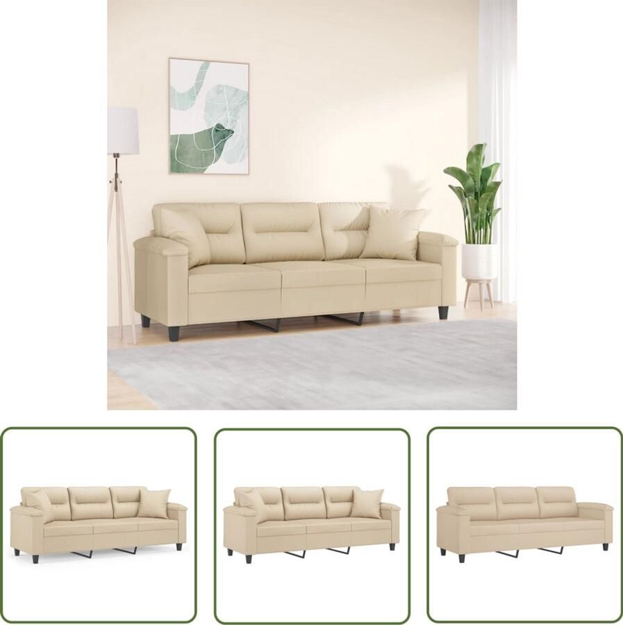 VidaXL Microvezel Sofa Drie Gezitsbank Driezitsbank met kussens 180 cm microvezelstof crèmekleurig Creme Kleuren Bank Salontafel Living Room Furniture