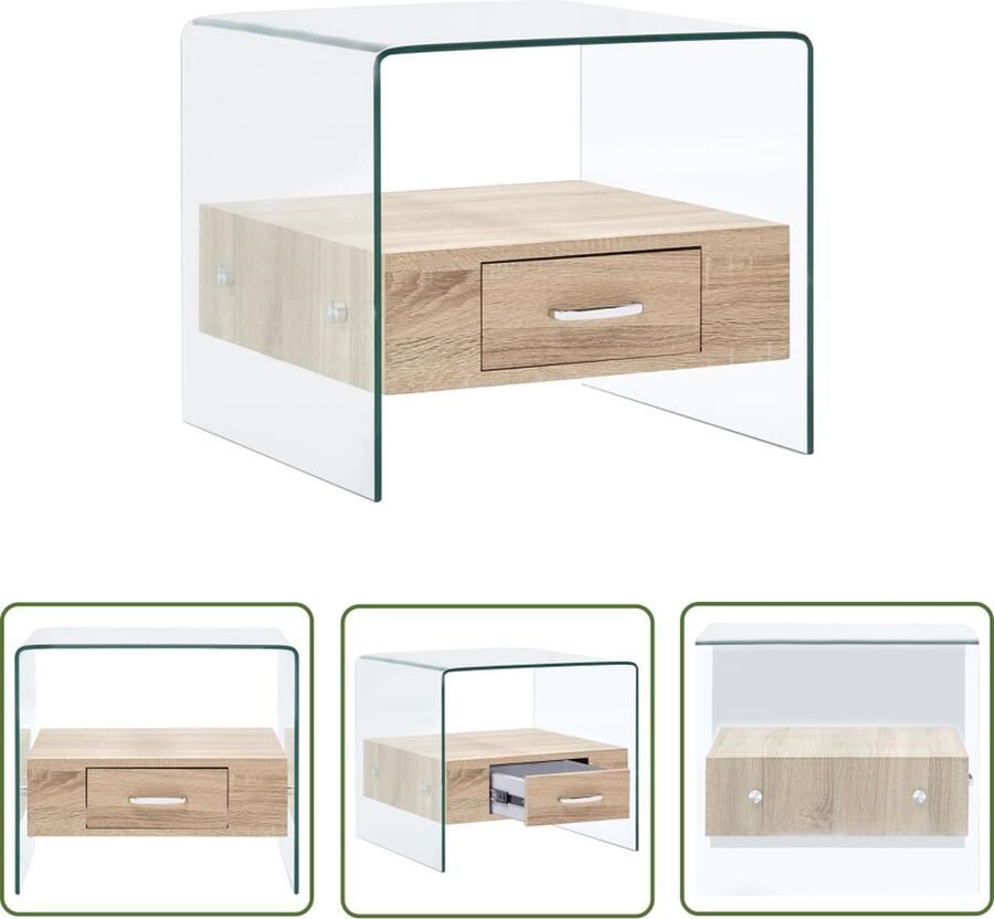 The Living Store Salontafel Minimalistisch Transparant 50x50x45cm Gehard Veiligheidsglas Lade Met Eikenhouten-Look 8 mm Dikte Salontafel Minimalist Transparante Tafel Houten Look Glass Tafellaar - Foto 2