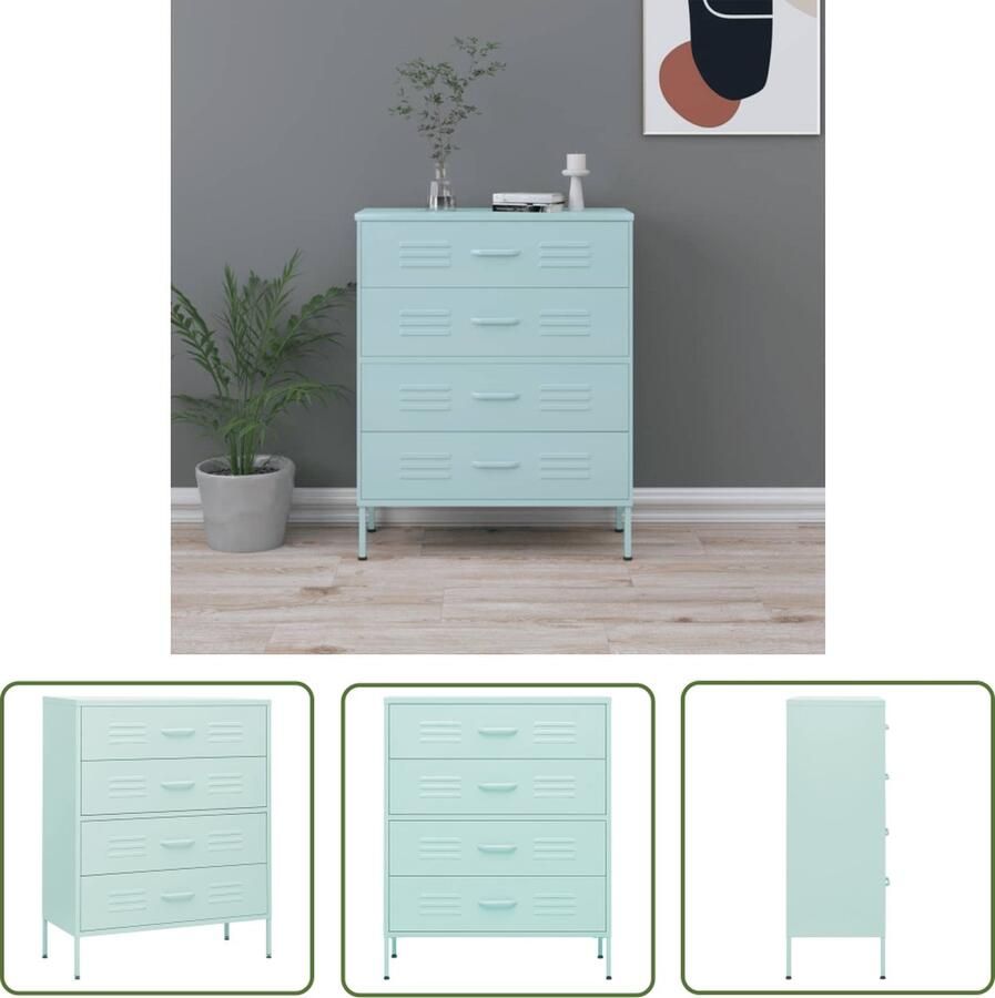 VidaXL Mintgroene Ladekast 80x35x101 5 cm staal mintkleurig Staal Ladekast Opbergkast Salontafel