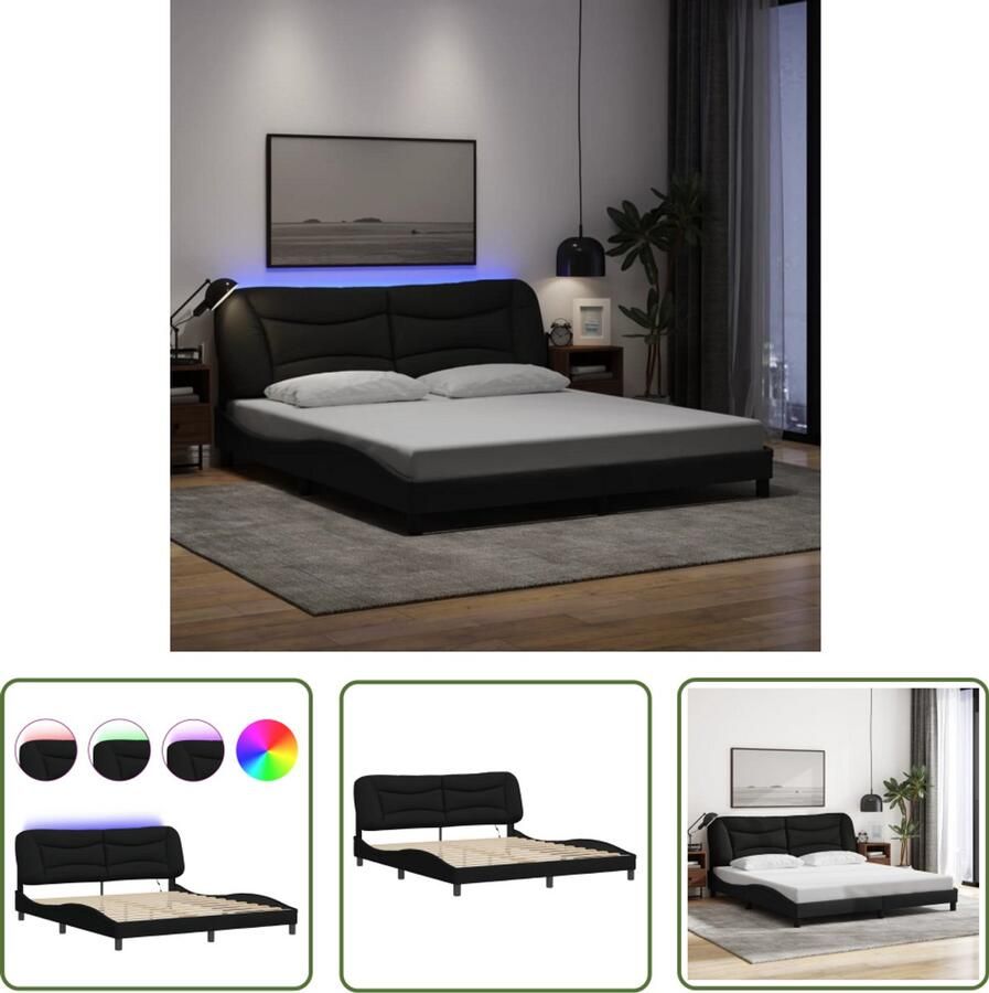 VidaXL Modern Bed Frame Stijlvol Bedframe met LED zonder matras Hvar 180x200 cm stof zwart Led Bedframe Tweepersoons Bed Boxspring Bed