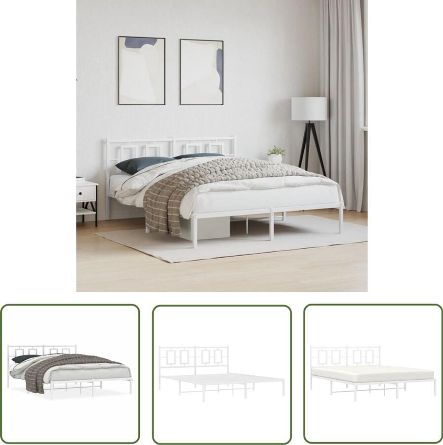 VidaXL Bedframe met hoofdbord metaal wit 160x200 cm Staal Bedframe Modern Bedframe Minimalistisch Bedframe Wit Bedframe King Size Bedframe