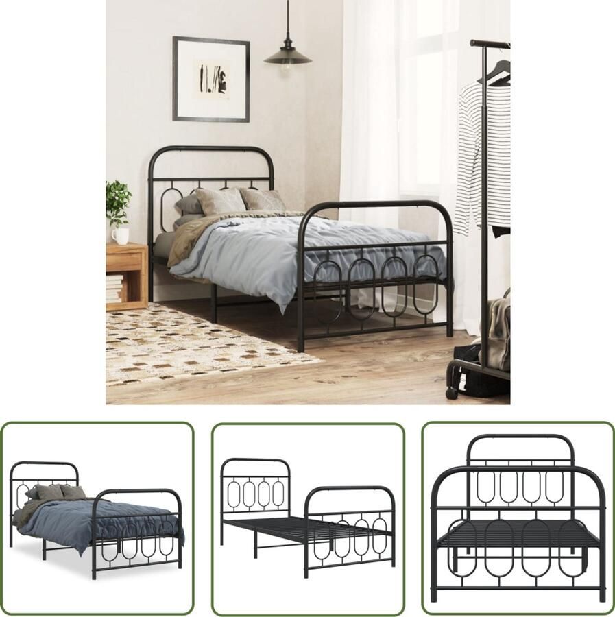 VidaXL Bedframe met hoofd- en voeteneinde metaal zwart 90x200 cm Stijlvol Bedframe Modern Bedframe Metalen Bedframe Zwart Bedframe Enkelpersoonsbed