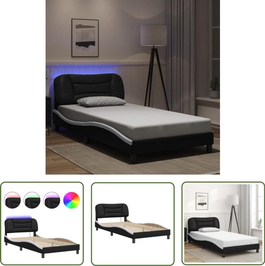 VidaXL Modern Bedframe Stijlvol Bedframe met LED zonder matras Hvar kunstleer zwart en wit 100x200 cm Led Bedframe Kunstleder Bed Slaapkamersdecoratie