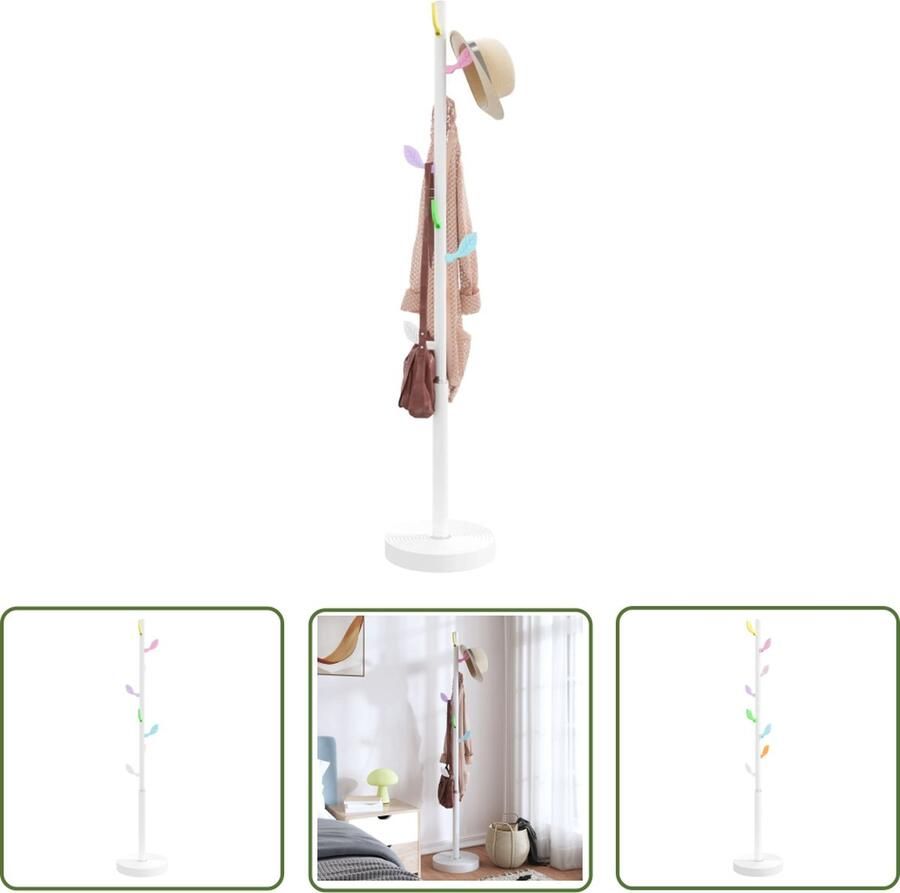 The Living Store Kapstok Modern Wit 172 cm 8 Haken Stevig IJzeren Frame met Cementen Voet Kapstok Modern Wit Houten Kapstok Entreehal