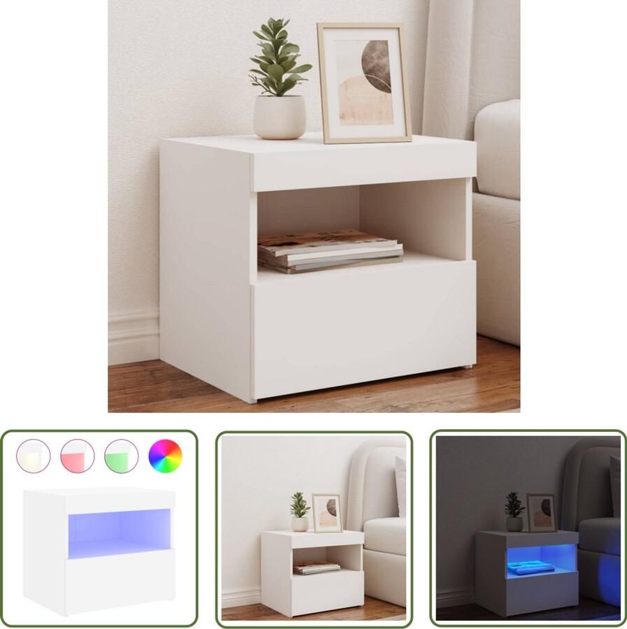 The Living Store Nachtkastje met LED-verlichting 50x40x45 cm wit Nachtkastje Modern Nacht Kast Led Verlichting Houten Nachtkast Slaapkamersfeer