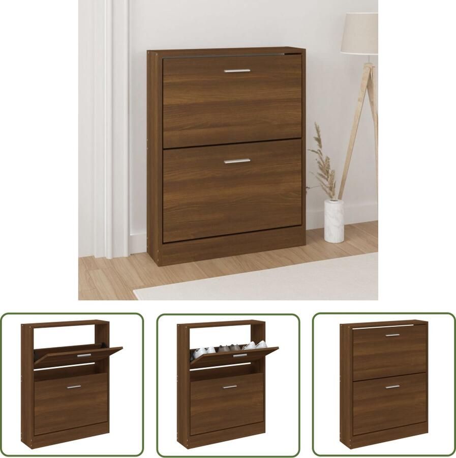 The Living Store Schoenenkast 59x17x81 cm bewerkt hout bruin eikenkleur Schoenenkast Modern Houten Schoenenkast Bruine Eiken Schoenuitlegers - Foto 2