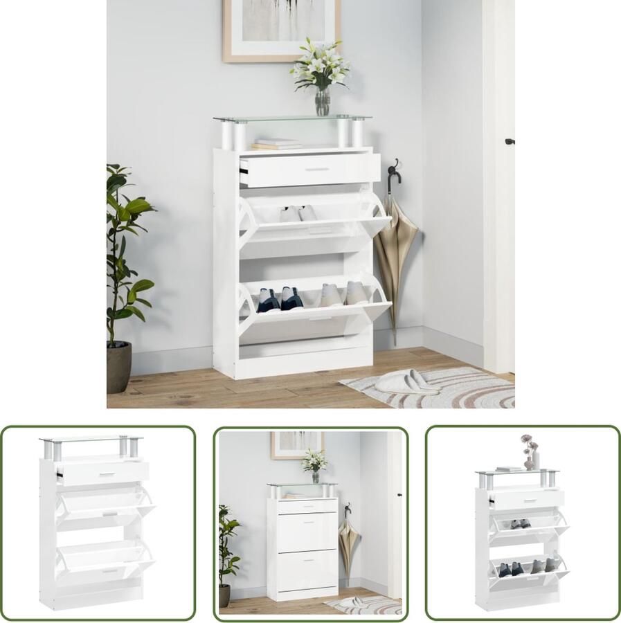 The Living Store Schoenenkast Modern Hoogglans Wit 63 x 24 x 104 cm 3 Lades Schoenenkast Modern Witte Schoenenkast Houten Schoenenkast Schoenen Opbergen - Foto 2