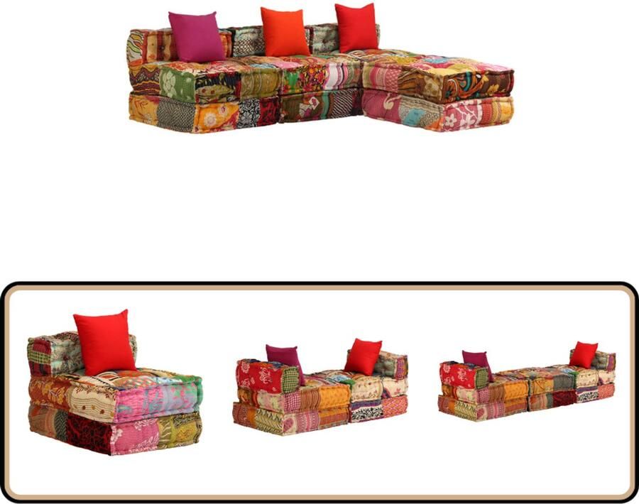 VidaXL Modulaire Patchwork Poef 3-Zits Stof Modulaire Bank Multifunctionele Bank Patchwork Bank Lounge Bank Slaapbank