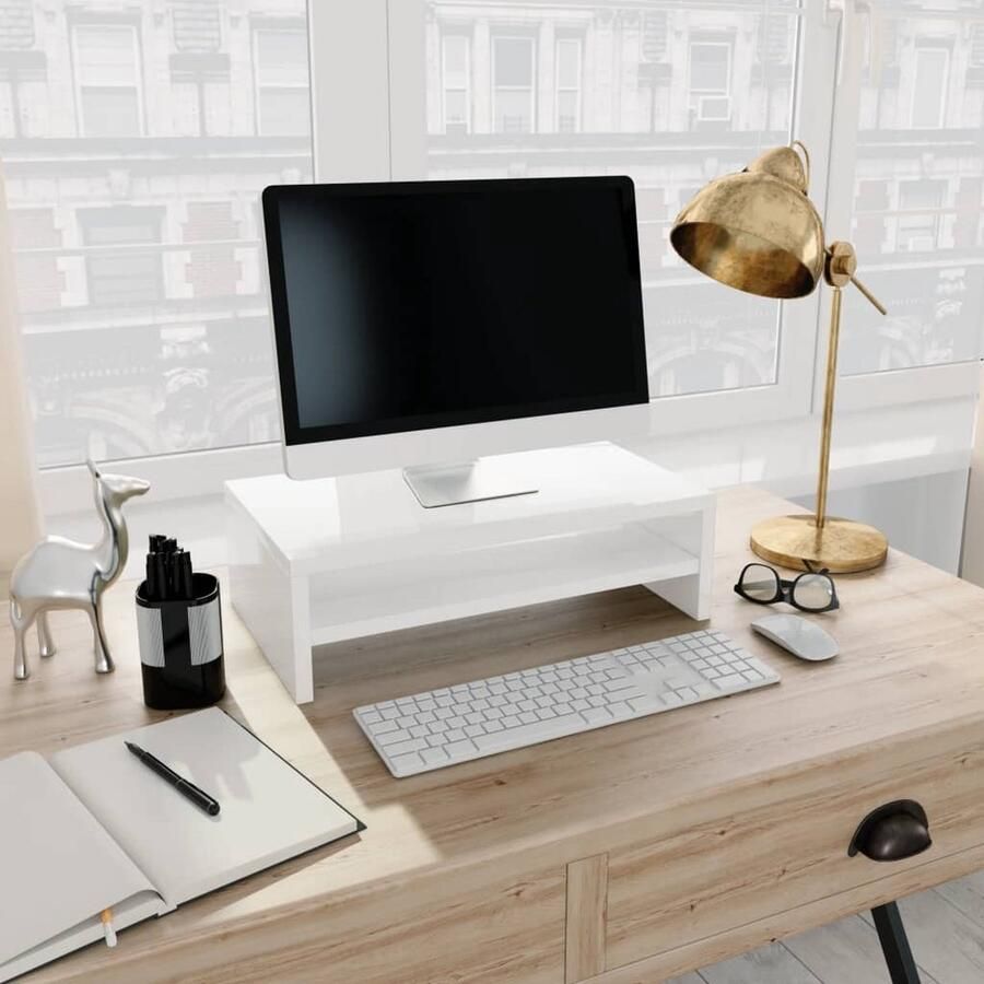 VidaXL Monitorstandaard Hoogglans Wit met Opbergschap Monitorstandaard Laptop Stand Computer Accessoires Houten Meubilair Kantoor Artikelen Werksurface Ergonomic Furniture Bureau Organisatie - Foto 3