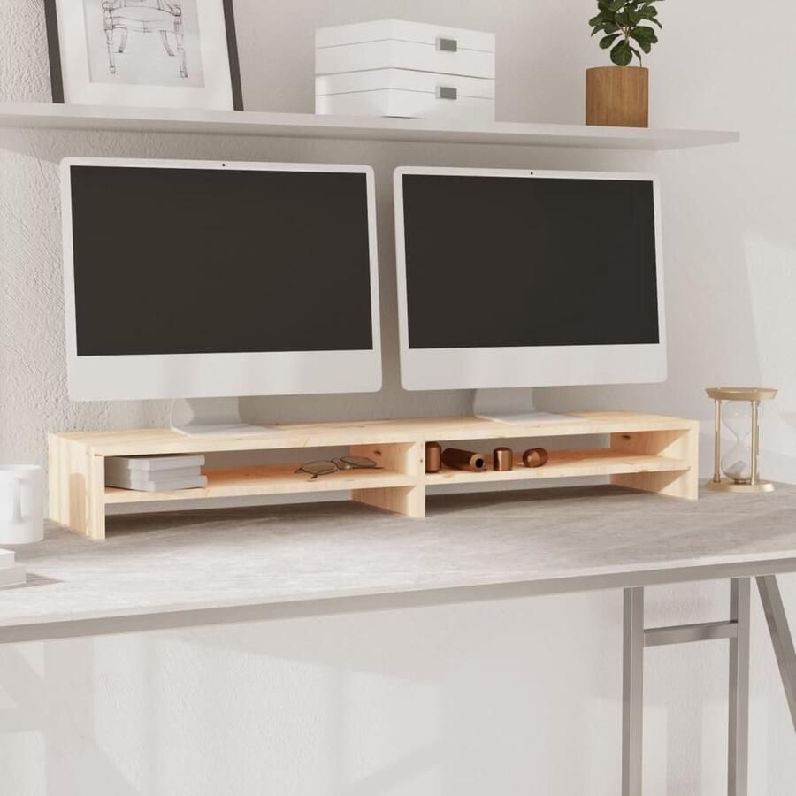 VidaXL Monitorstandaard van massief grenenhout Monitorstandaard Computeraccessoires Bureauspullen Laptop Stand Ergonomische Monitorstandaard Wooden Desk Organizer Houten Monitorstandaard Grenenhout - Foto 2