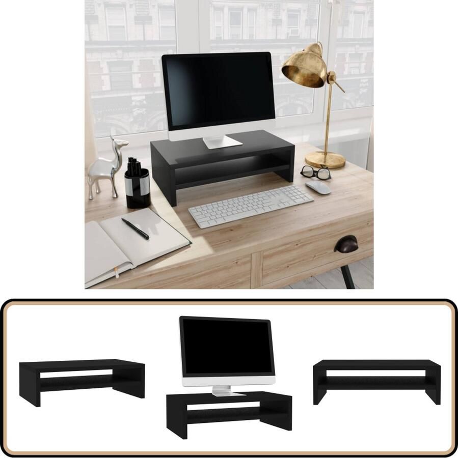 VidaXL Monitorstandaard zwart praktisch en stijlvol Monitorstandaard Computerstandaard Laptopstandaard Bureauspiegel Houten Stand Opbergplank Ergonomic