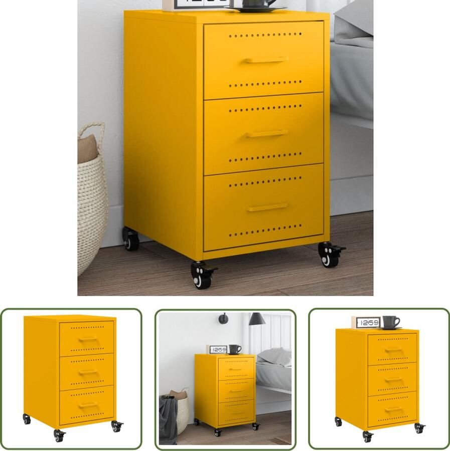 The Living Store Nachtkastje 36x39x59 cm staal mosterdgeel Nachtkastje Mustard Geel Koudgewalst Staal Opbergkast Slaapkamersdecoratie
