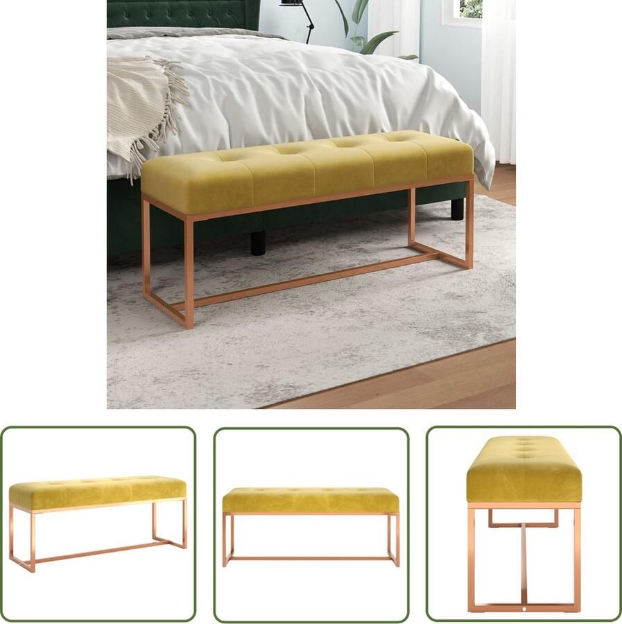 The Living Store Bank uze fluwelen bank 110x36x45 cm Mosterdgeel Fluweel Bank Mustard Yellow Bank Salon Meubilair Bankje Bijzettafel - Foto 2