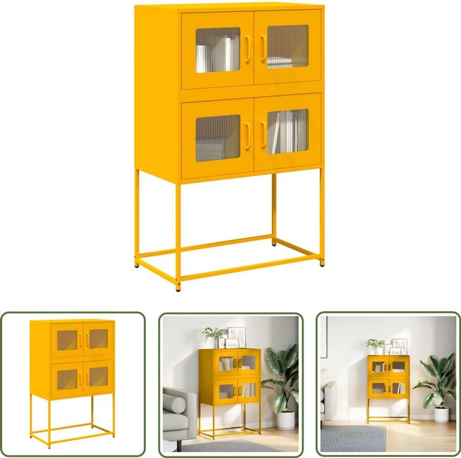 The Living Store Hoge kast 68x39x107 cm staal mosterdgeel Hoge Kast Metalen Kast Opbergkast Keukenopslag Mustard Geel