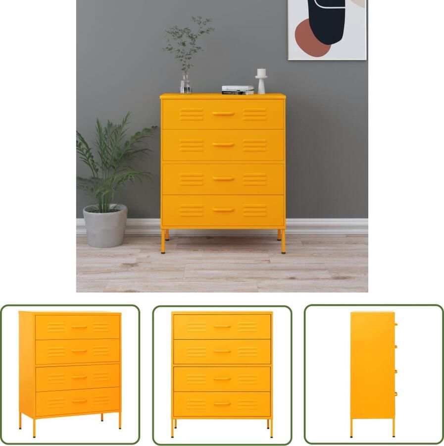 VidaXL Mustardkleur Ladekast 80x35x101 5 cm staal mosterdgeel Staalkast Opbergkast Salontafel