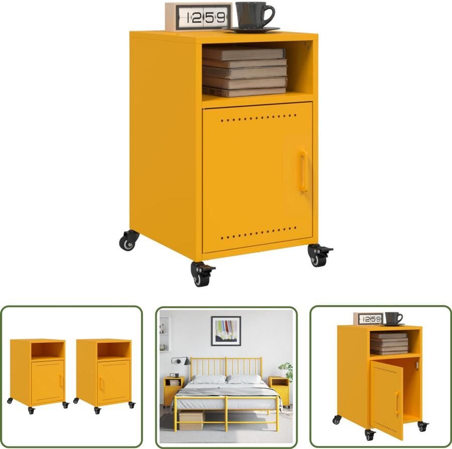 The Living Store Nachtkastjes 2 st 36x39x59 cm staal mosterdgeel Nachtkastjes Mustardkleurig Staal Koudgewalst Staal Opbergkast