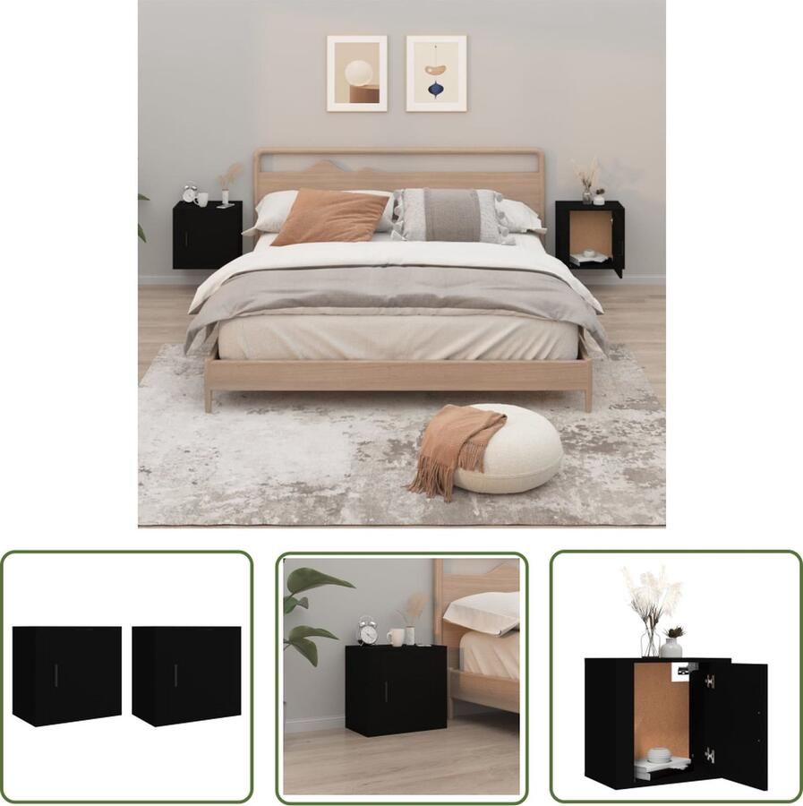 The Living Store Nachtkastjes 2 st wandgemonteerd 50x30x47 cm zwart Wandlamp Nacht Kast Nachthaven Bergruimte Houten Meubilair - Foto 2