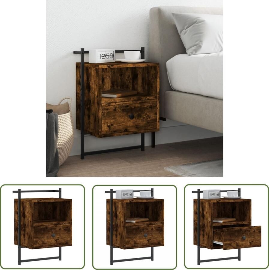 The Living Store Wandnachtkastje Gerookt eiken Nachtkastje met lade Wandgemonteerd Stabiel blad Eenvoudig schoon te maken 40x30x61cm Wandlamp Nacht Kastje Nachthaven Slaap Kamer Meubilair Houten Nachtkastje