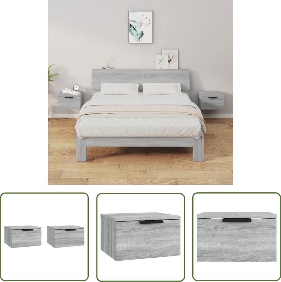 The Living Store Nachtkastjes 2 st wandgemonteerd 34x30x20 cm grijs sonoma eiken Wandlamp Nacht Kastje Nachthaven Badkamer Meubel Grijze Meubels - Foto 2