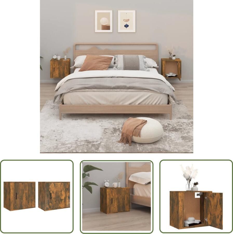 The Living Store Wandnachtkastje Elegant Nachtkastjes Afmetingen- 50 x 30 x 47 cm Ken- Gerookt eiken Wandlamp Nacht Kastje Nachthaven Bergruimte Kamerdecoratie - Foto 2