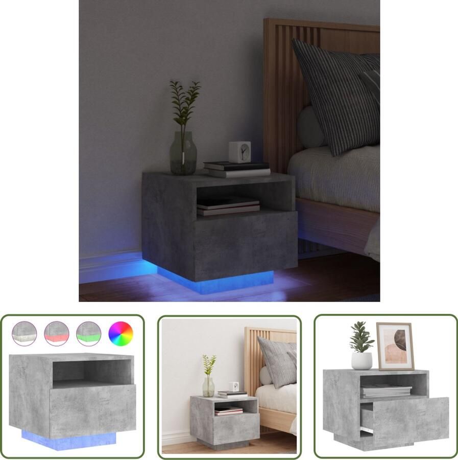 VidaXL Nachtkastje met LED-verlichting 40x39x37 cm betongrijs Nacht Kastje Nachtkast Led Lamp Slaap Kamer Beton Grijs