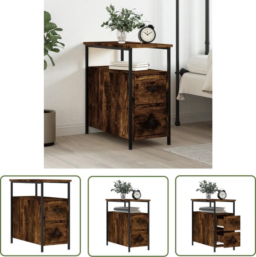 The Living Store Nachtkastje Afmeting- 30 x 60 x 60 cm Kleur- gerookt eiken Materiaal- bewerkt hout en ijzer Nachtkastje Nachtkast Houten Nachtkast Bruine Nachtkast Vintage Nachtkast - Foto 2