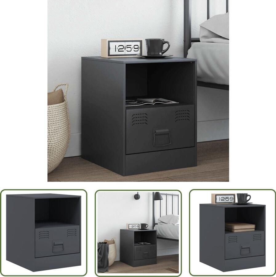 The Living Store Nachtkastje 34 5x39x44 cm staal antracietkleurig Nachtkastje Nachtkast Staal Industrieel Antraciet