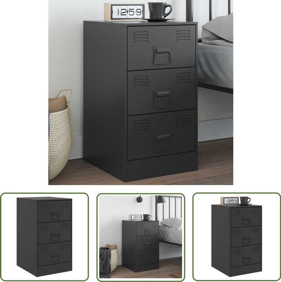 The Living Store Nachtkastje 34 5x39x62 cm staal zwart Nachtkastje Nachtkast Staal Nachtkast Zwart Nachtkast Industriële Nachtkast