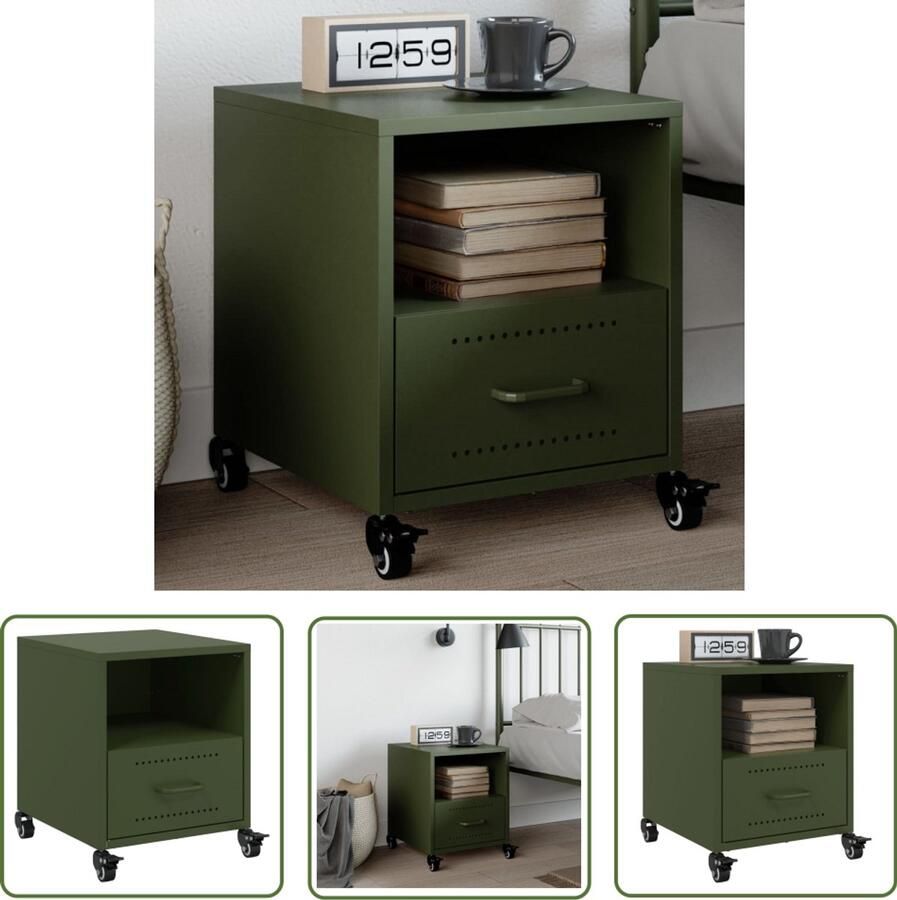 The Living Store Nachtkastje 36x39x43 5 cm staal olijfgroen Nachtkastje Nachtkast Slaapkamersdecoratie Olijfgroot Metalen Nachtkast