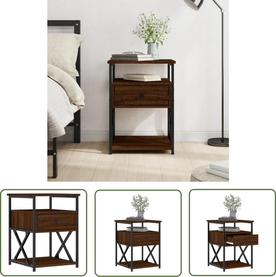 The Living Store Nachtkastje Slaapkamermeubel Afmetingen- 40 x 42 x 55 cm Kleur- Bruineiken Materiaal- Bewerkt hout en ijzer Nachtkastje Nachtkast Slaapkamermeubel Houten Nachtkast Bruin Nachtkast - Foto 2