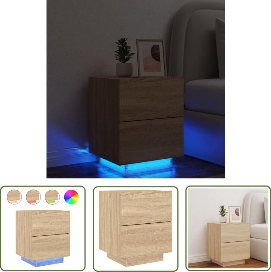 The Living Store Nachtkastje met LED-verlichting bewerkt hout sonoma eikenkleur Nachtkastje Nachtkast Led Lamp Houten Kast Salontafel